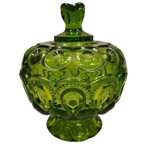 Vintage LE Smith 7.5"x6" Moon & Stars Green Footed Candy Dish/ Compote & Lid GUC